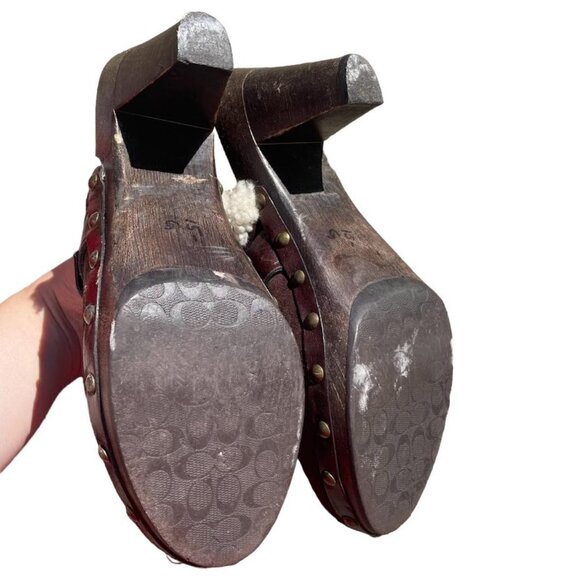 Vintage Coach Wooden Heeled Platform Faux Sherpa Lined Brown Clogs Size 8 - Picture 5 of 7